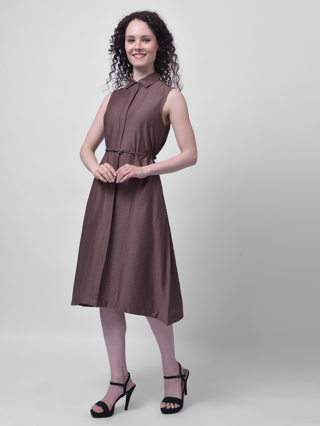 Numero Uno Women Brown Sleeveless Shirt Dress